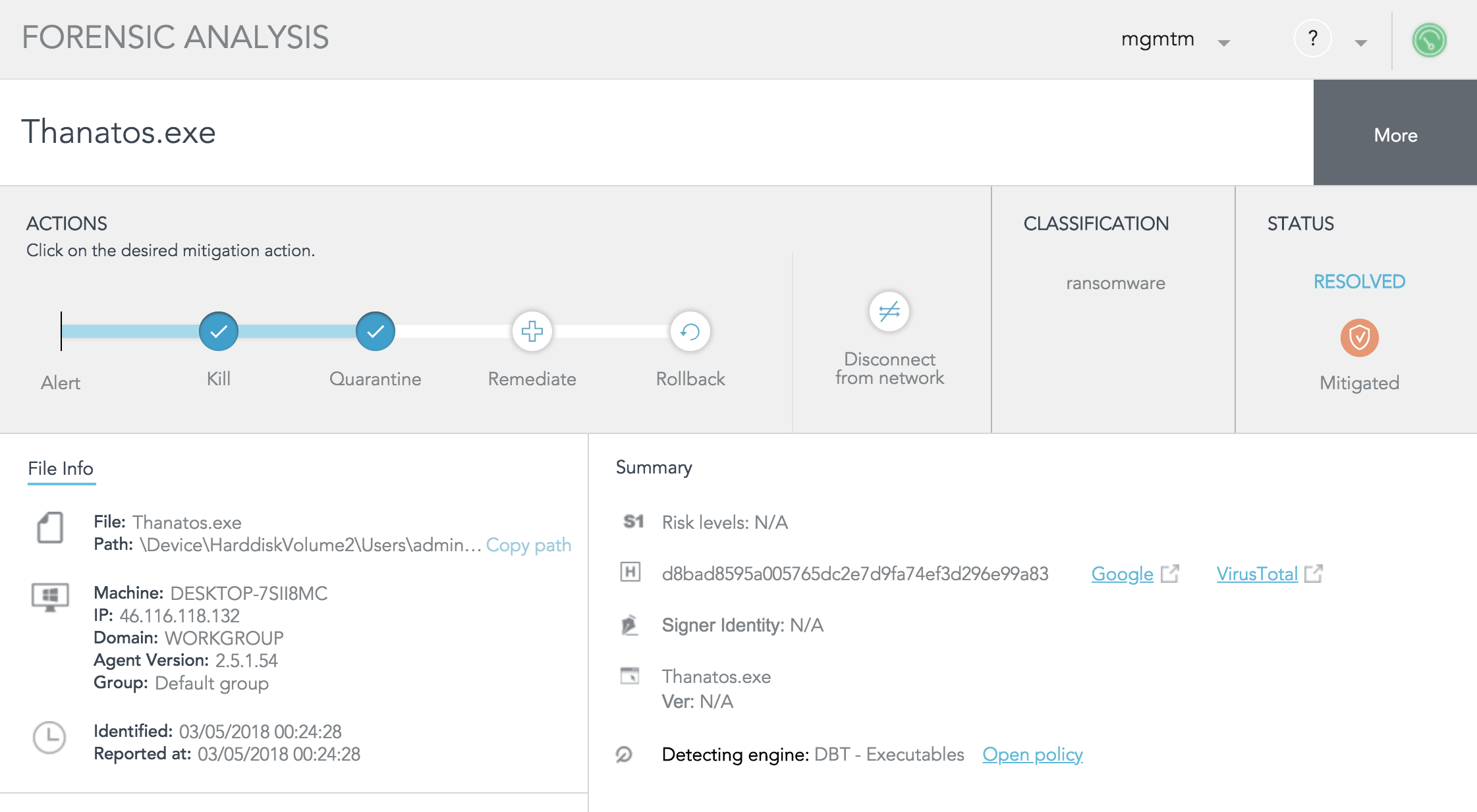 Detection of Thanatos by SentinelOne Dashboard